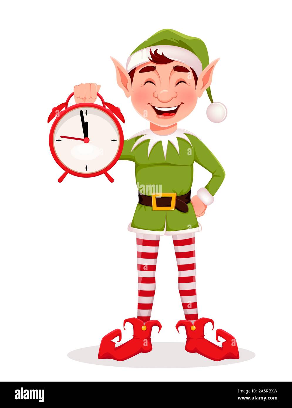 Merry Christmas greeting card with funny Elf. Santa Claus helper Elf holding alarm clock. Cartoon character. Vector illustration on white background Stock Vector