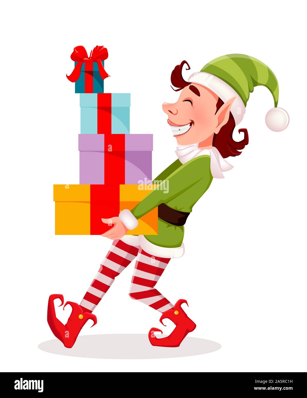 Merry Christmas. Funny Elf carries gift boxes. Santa Claus helper Elf.  Cartoon character. Vector illustration on white background Stock Vector  Image & Art - Alamy