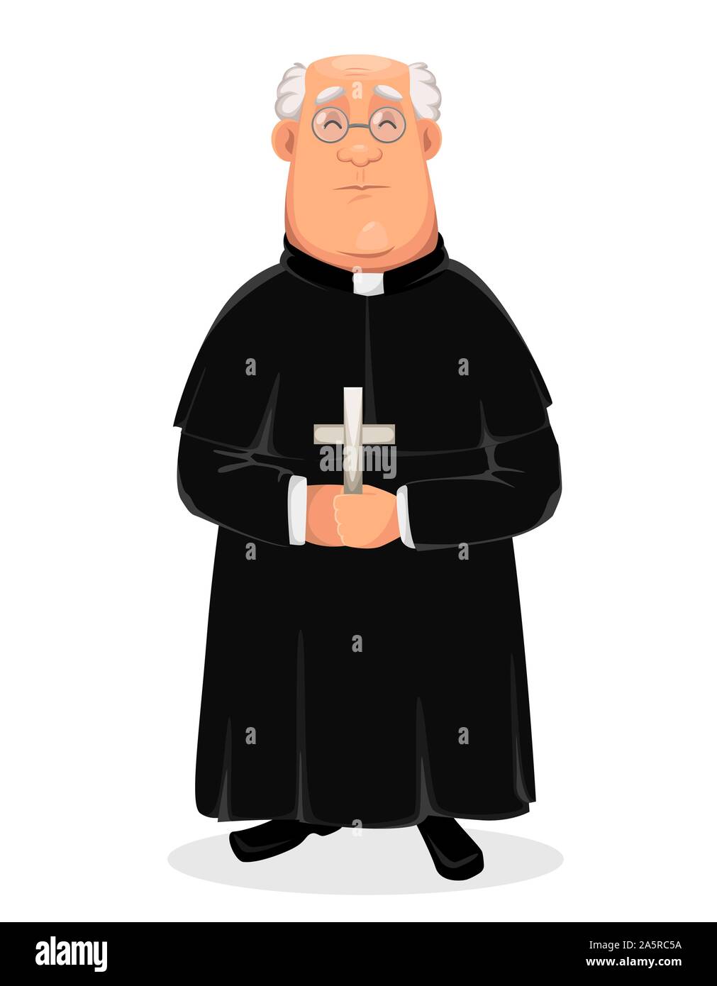 Priest cartoon character. Holy Father standing with cross in hands. Vector illustration on white background. Stock Vector