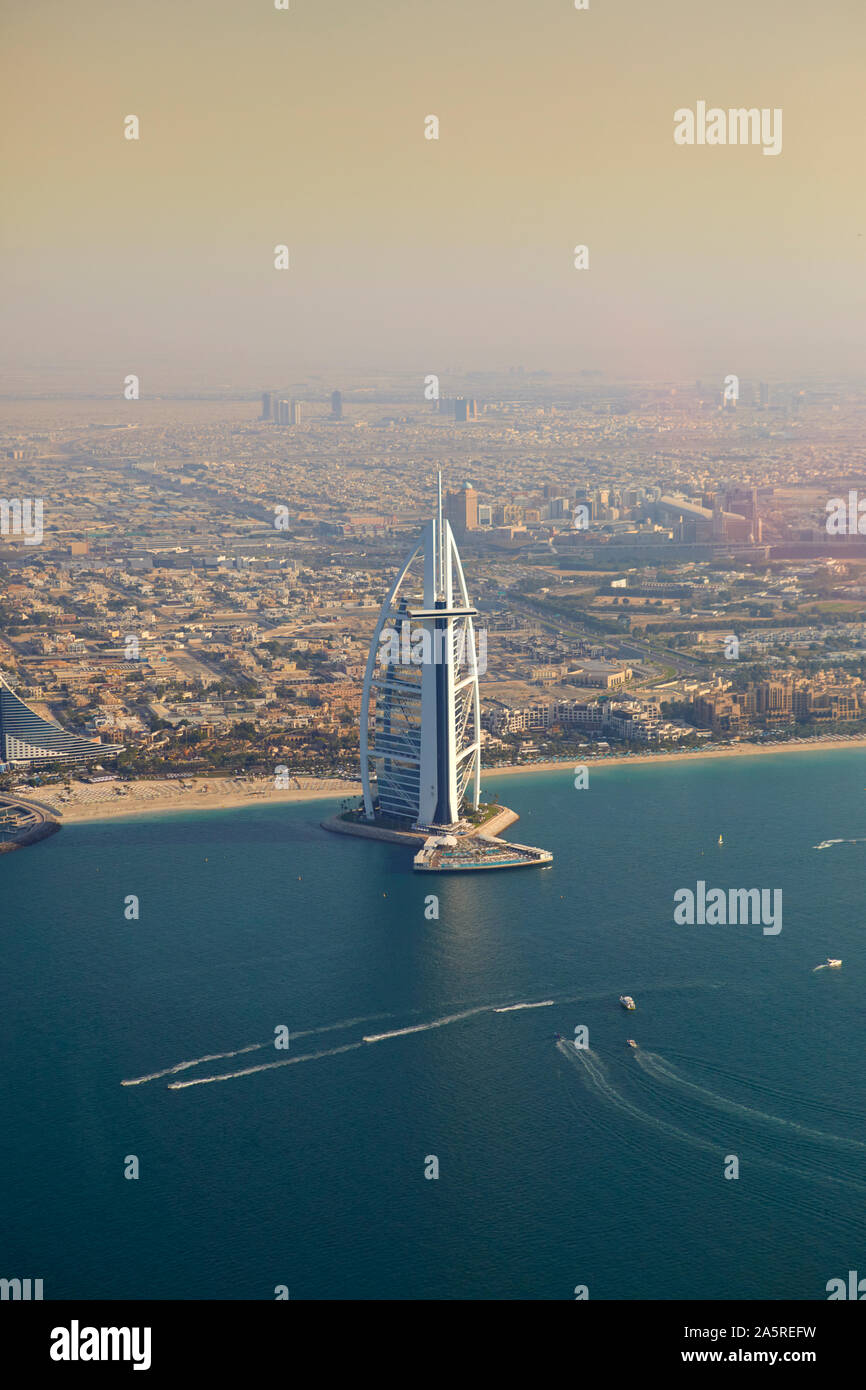 Aerial view of the city with the Al Arab seen from the helicopter, Dubai, United Arab Emirates Stock Photo