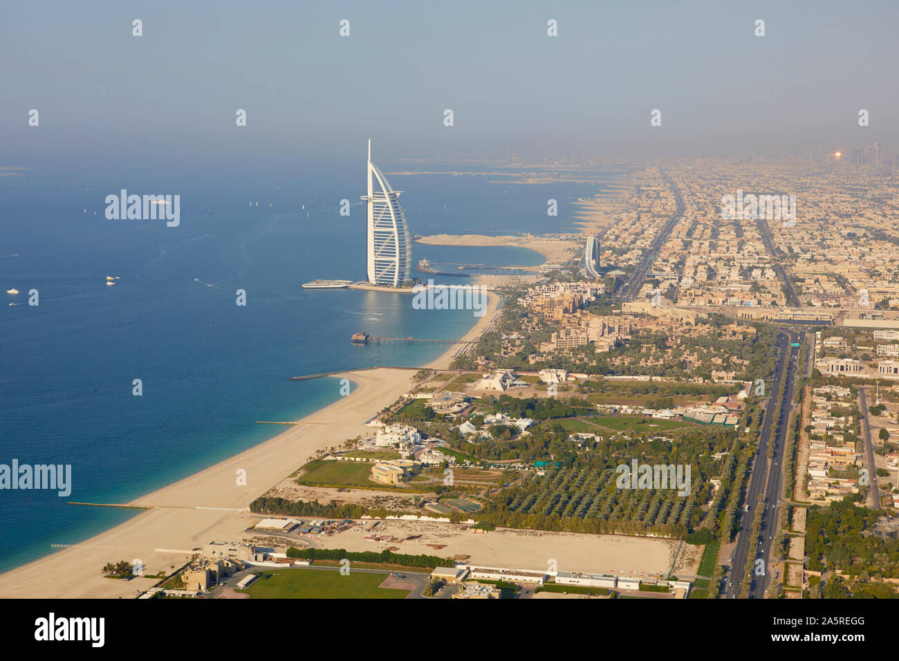 Aerial view of the city with the Al Arab seen from the helicopter, Dubai, United Arab Emirates Stock Photo