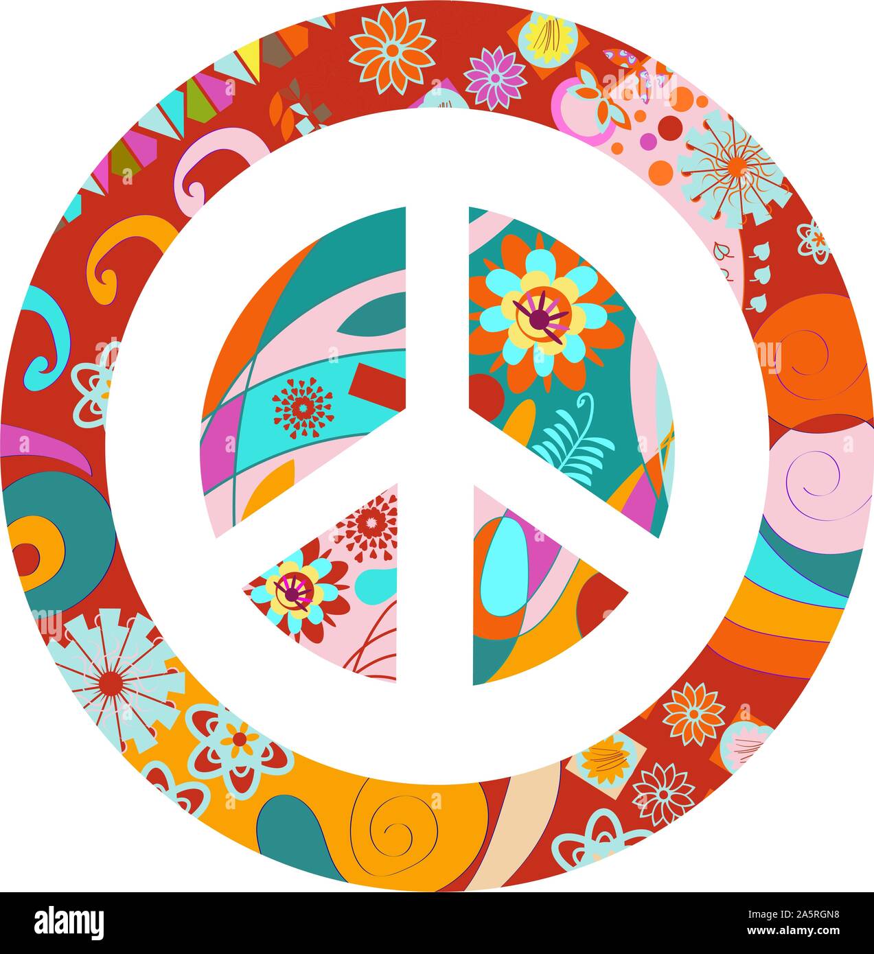 Abstract floral vector peace sign. Colorful image. 60s style Stock Vector