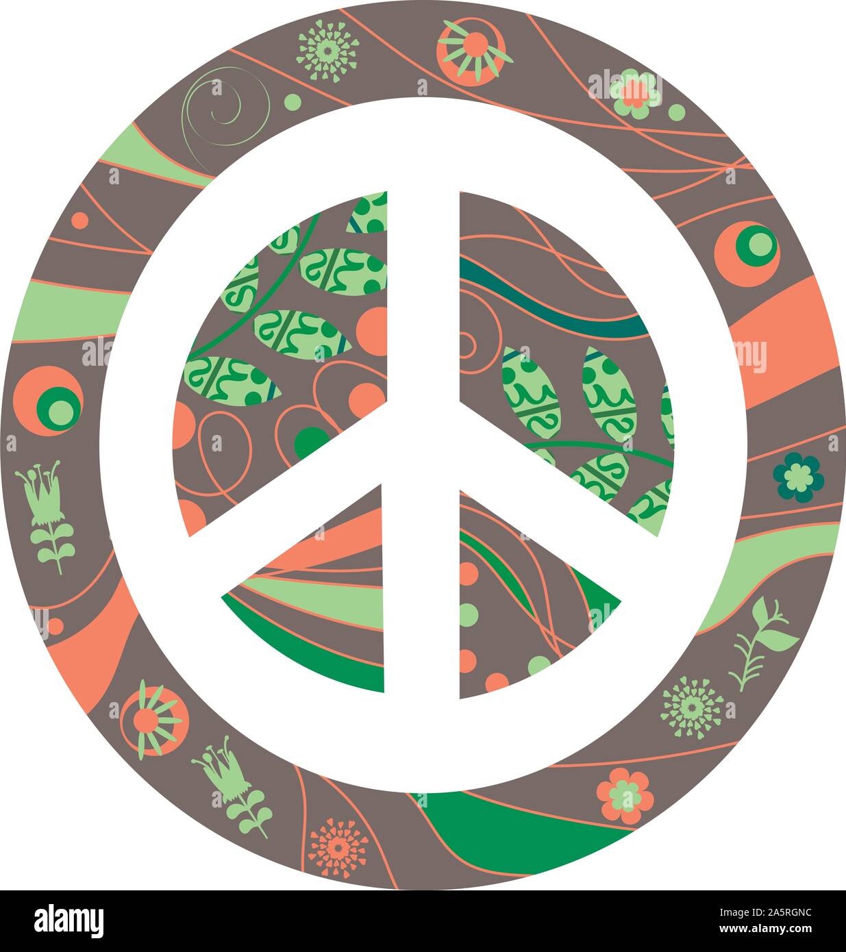 Floral and swirls colorful abstract vector peace sign. Vivid image in hippy style Stock Vector