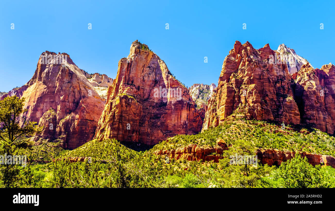 The Court of the Patriarchs, Abraham Peak, Isaac Peak and Jacob Peak, in Zion National Park in Utah, United Sates Stock Photo