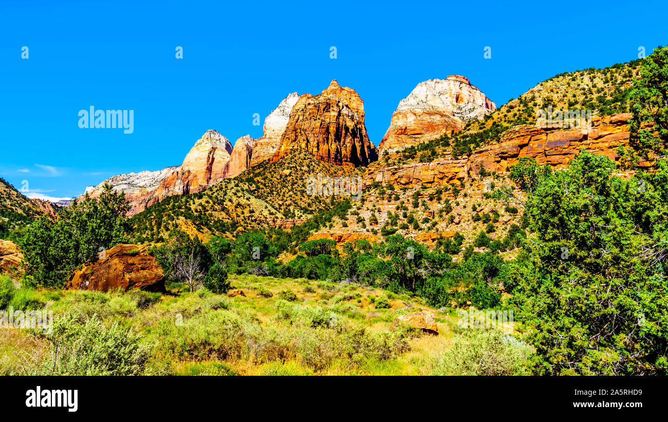 Zion Canyon with on the right Twin Brothers mountain and Mountain of the Sun in Zion National Park in Utah, United Sates Stock Photo