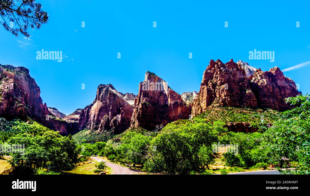 The Court of the Patriarchs, Abraham Peak, Isaac Peak and Jacob Peak, in Zion National Park in Utah, United Sates Stock Photo