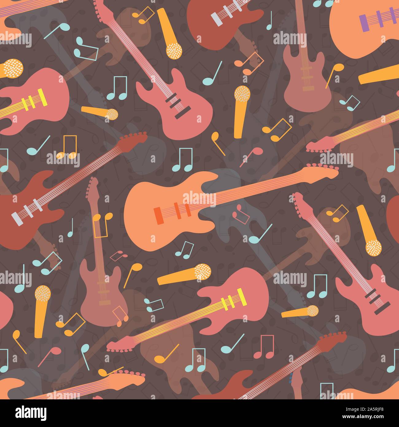 Beautiful mellow guitar and music design in multicolor hues of orange and pink. Seamless vector pattern on warm brown layered background. Great for Stock Vector