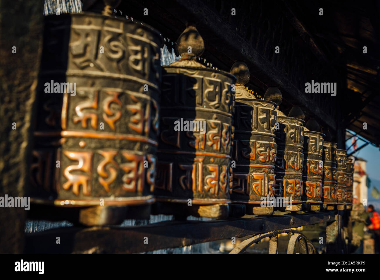 Buddhist prayer wheels at Kathmandu's 'Monkey Temple' Stock Photo