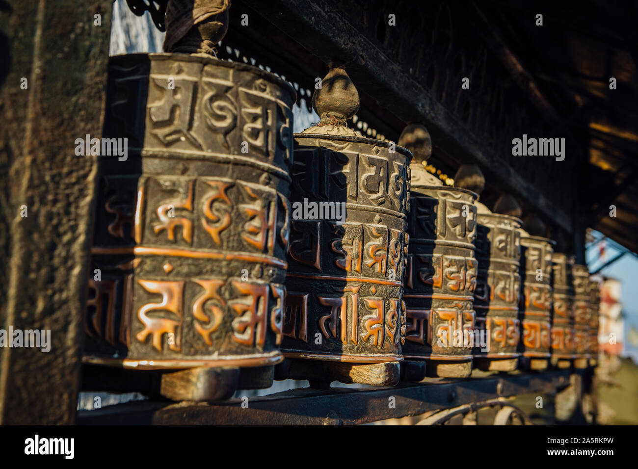 Buddhist prayer wheels at the Monkey Temple in Kathmandu, Nepal Stock ...