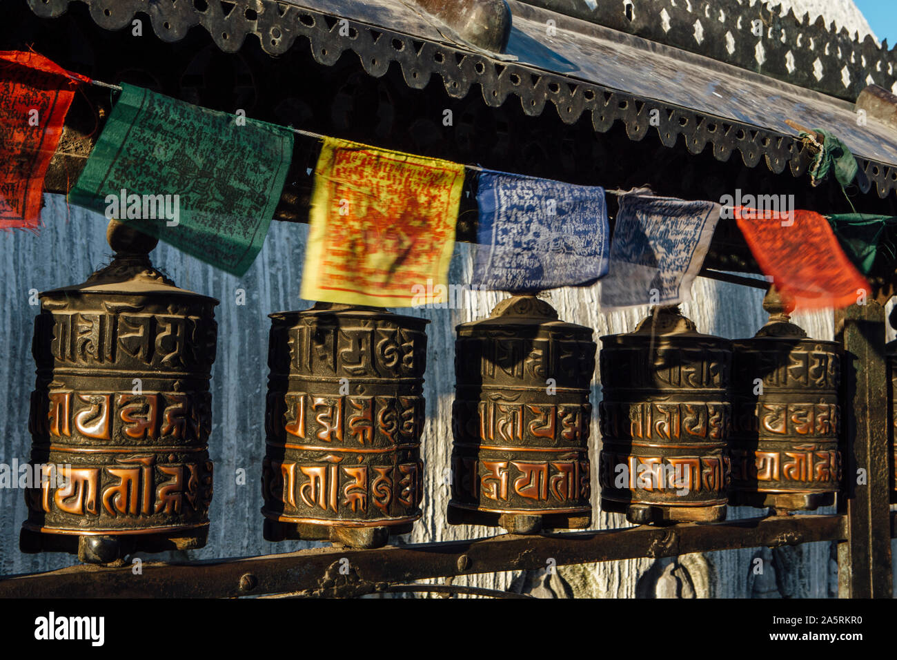 Buddhist prayer wheels at Swayambhunath, the "Monkey Temple" in Nepal ...