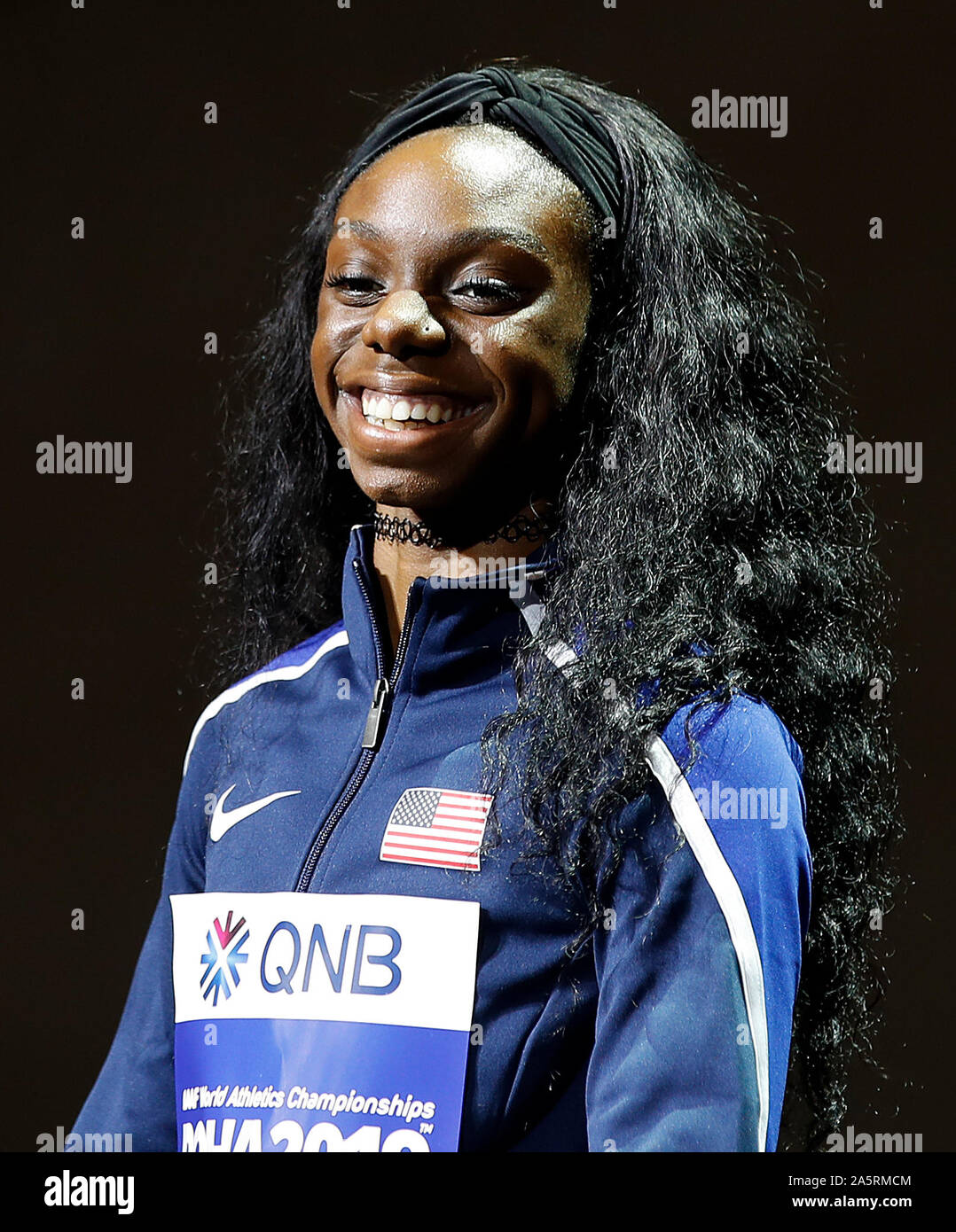 USA's Brittany Brown on the podium before receiving her silver medal for the Women's 200m Final