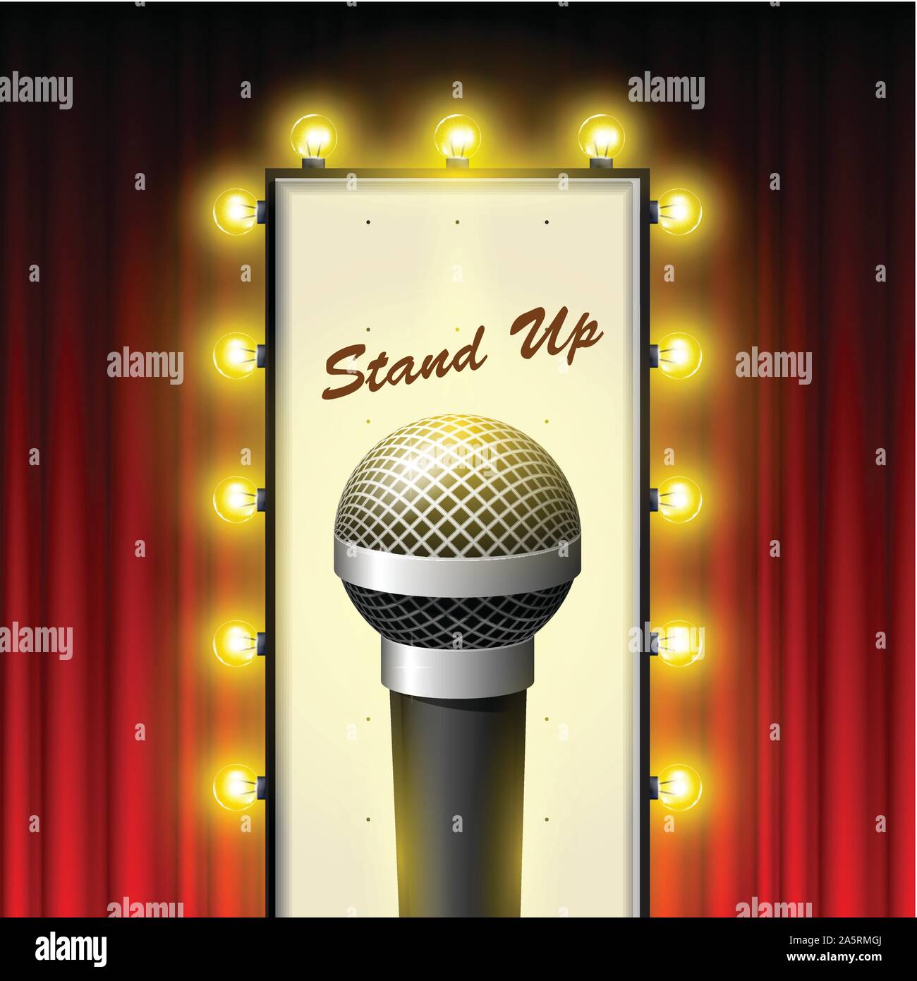 Stand up comedy show - microphone and retro movie theater marquee over drop-curtain Stock Vector