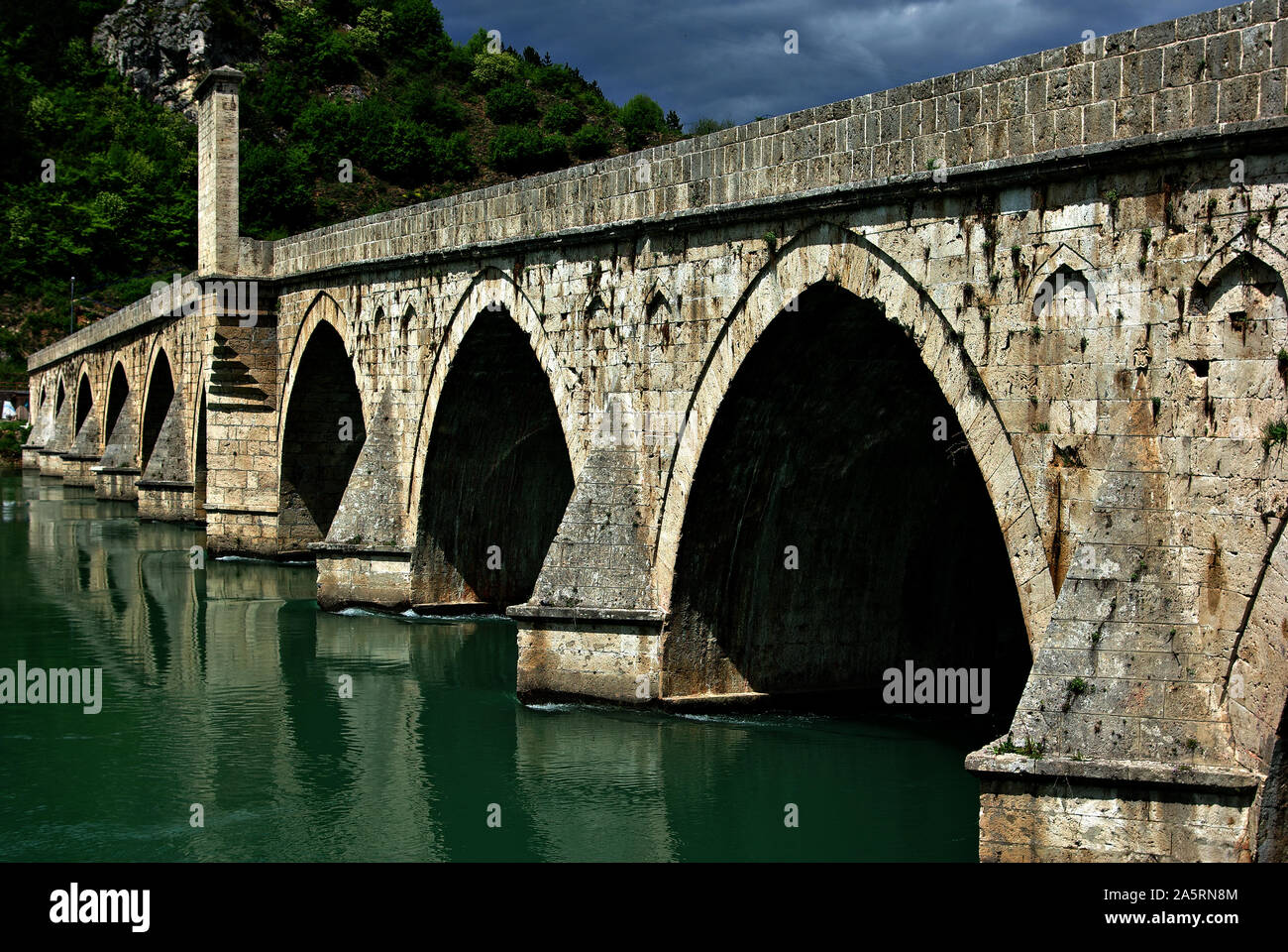 The Bridge on the Drina is a historical novel by the Yugoslav writer Ivo Andrić. It revolves around the Mehmed Paša Sokolović Bridge in Višegrad, whic Stock Photo
