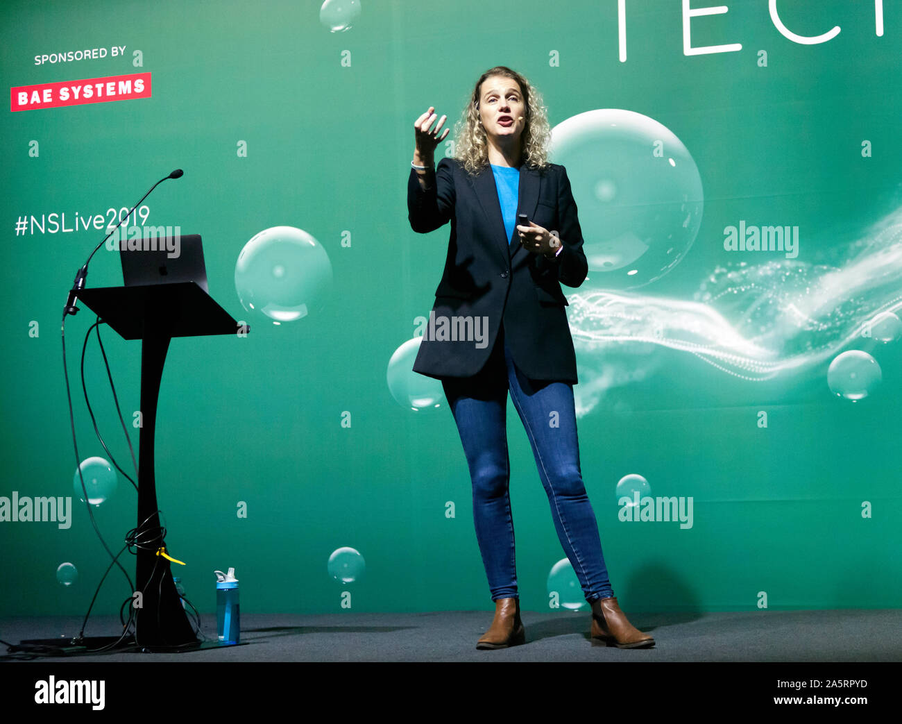 Danielle George Engineer, astrophysicist and TV presenter, explaining how the internet of things is helping to solve some of the grandest challenges in engineering, on the  Technology Stage, at New Scientist Live 2019 Stock Photo
