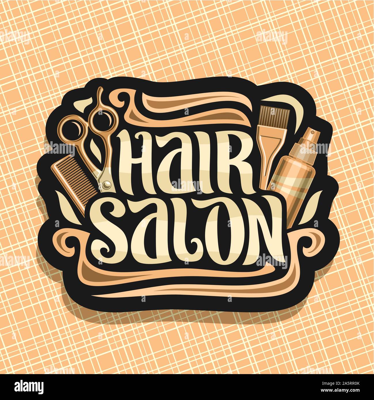 Vector logo for Hair Salon, black signage with hairdresser professional equipment, original brush typeface for words hair salon, design signboard with Stock Vector