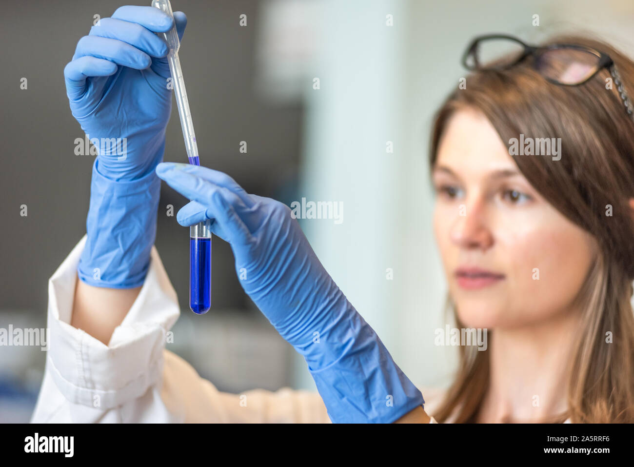 Woman in science: woman researcher working in biomedical research laboratory Stock Photo