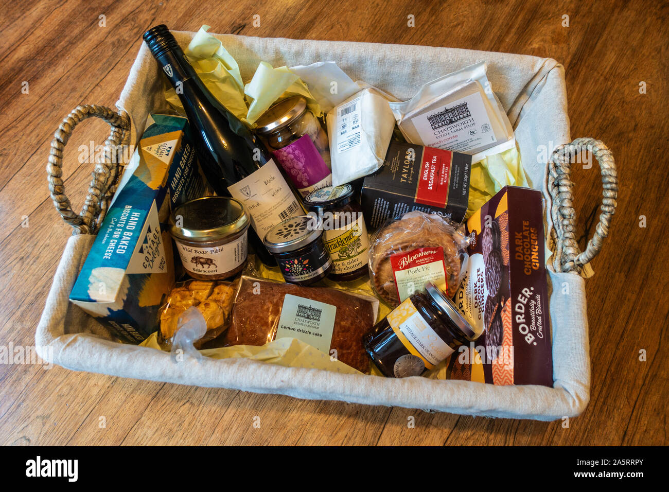 Hamper in a lined basket Stock Photo