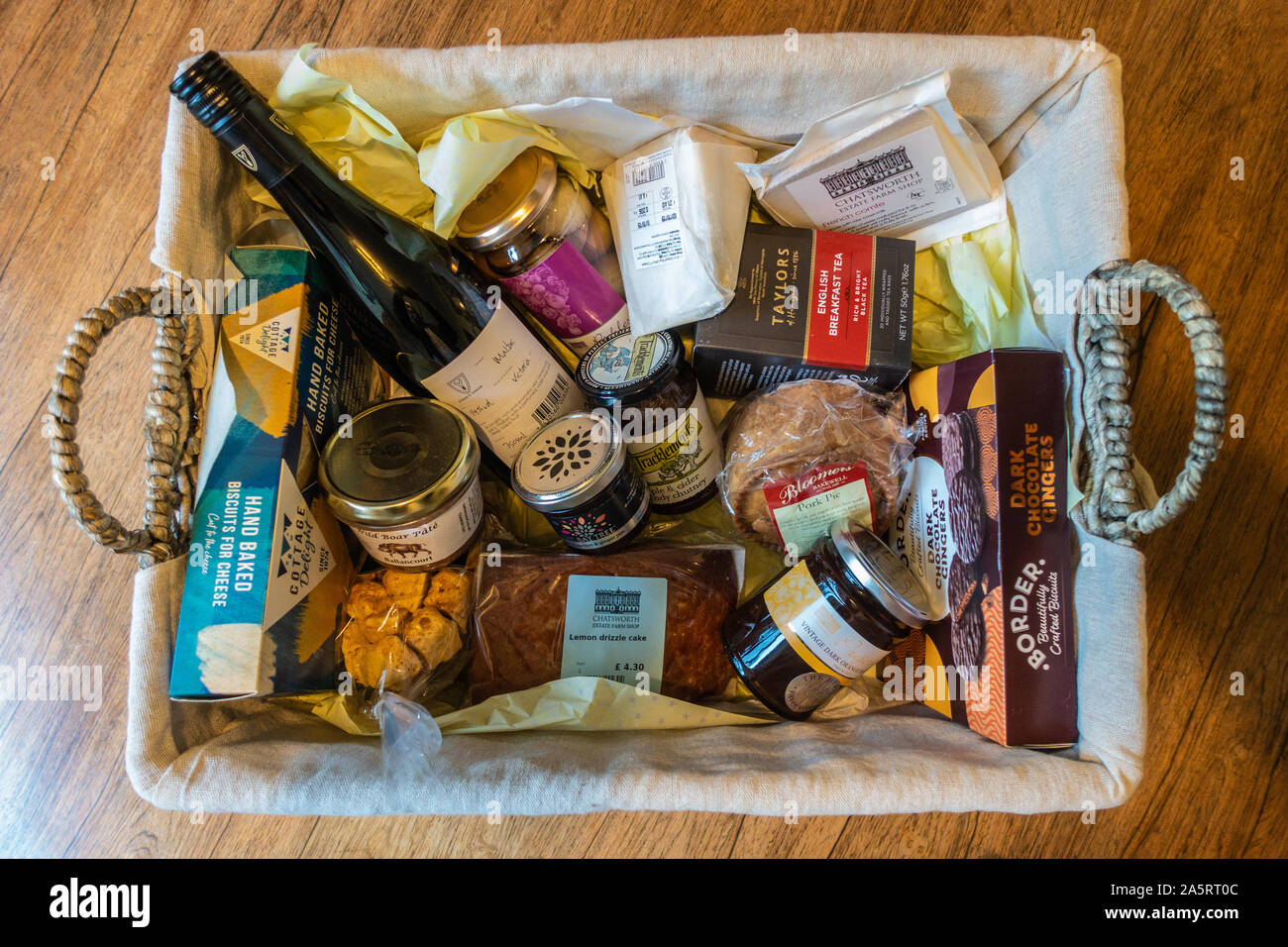 Hamper in a lined basket Stock Photo