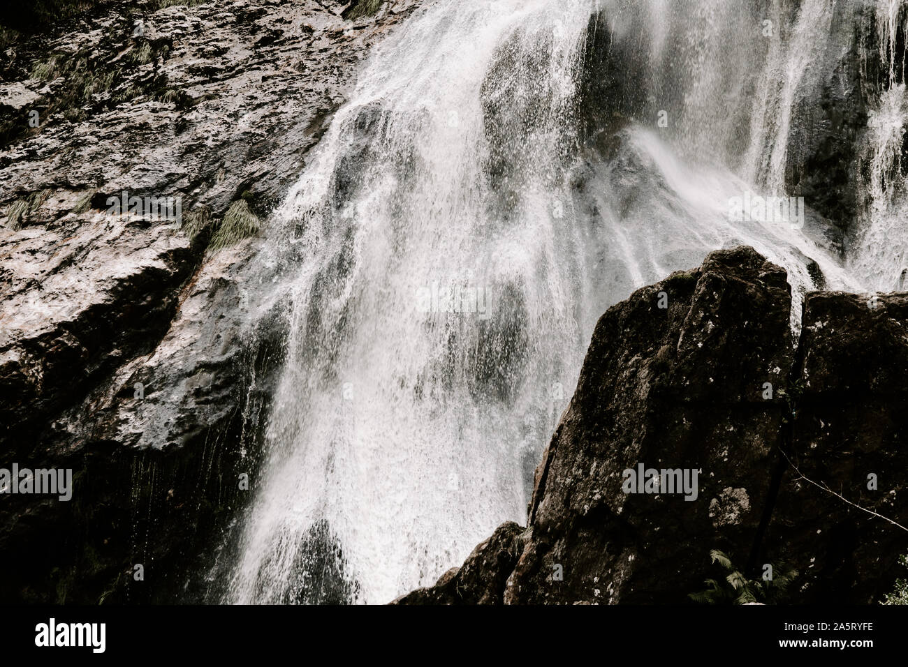 Powerscourt waterfall, highest waterfall in Ireland, Co Wicklow, nature, natural water spray muted colours, black white, flowing, flow closeup Stock Photo