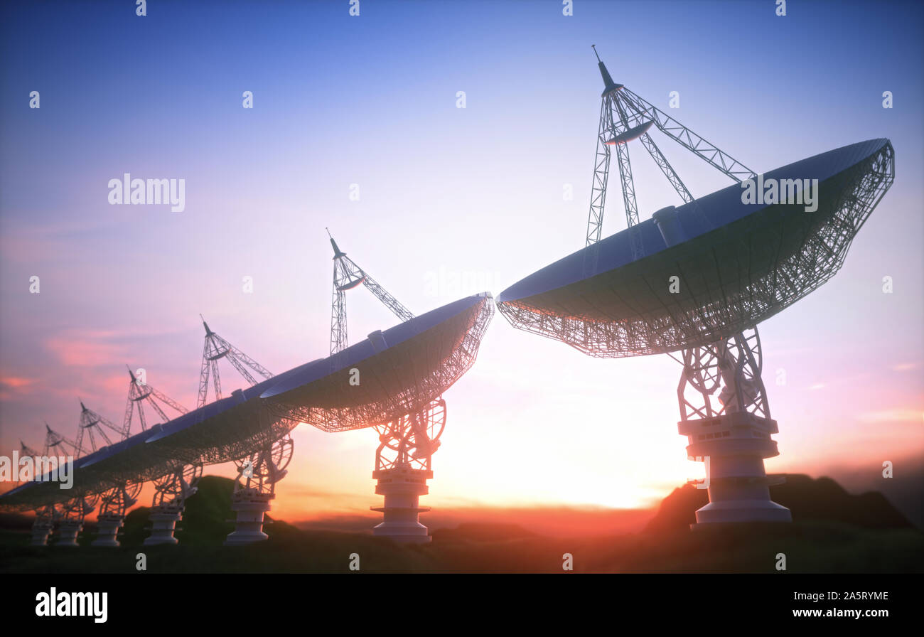 Alignment of giant satellite dishes for signal. 3D illustration, concept of science and technology of communication. Stock Photo
