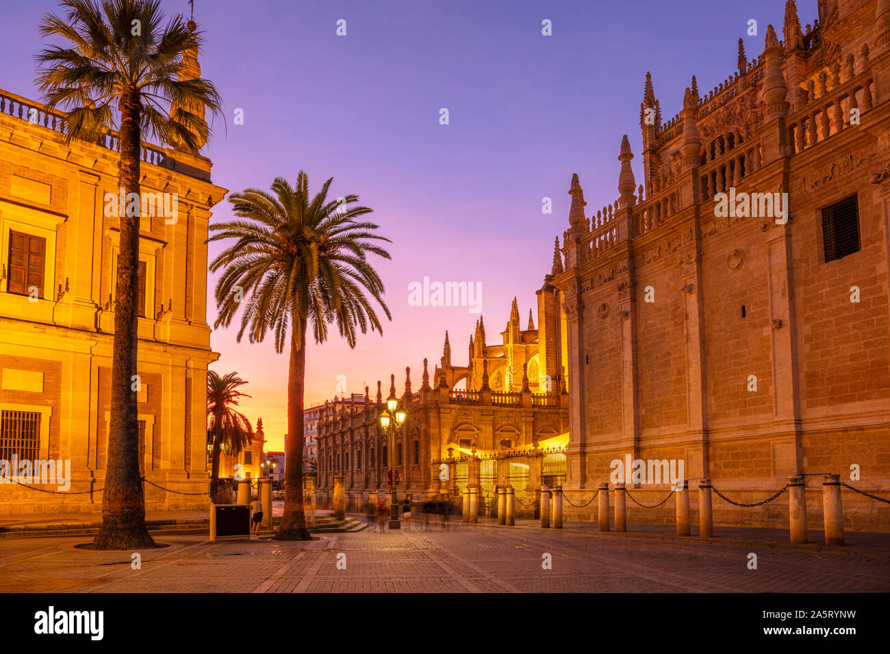Night Illuminated Seville cathedral Seville and the Seville General Archive of the Indies building sunset Calle Miguel Mañara Seville Spain EU Europe Stock Photo