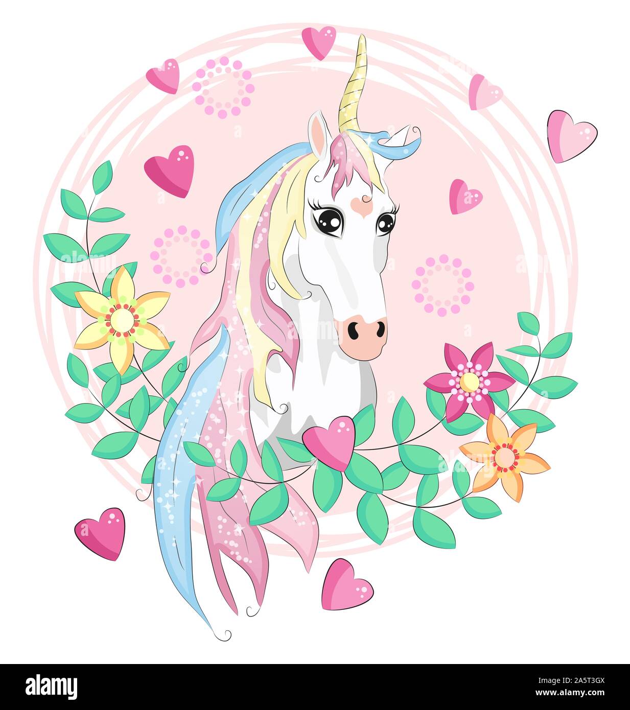beautiful unicorn card, unicorn head inside a frame of hearts Stock Vector