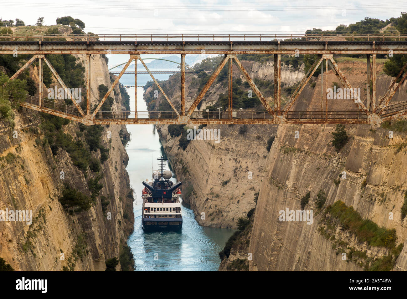 The Corinth Canal, Greece, a channel done in 1893 that cuts the narrow Isthmus of Corinth and separates the Peloponnese from the Greek mainland Stock Photo