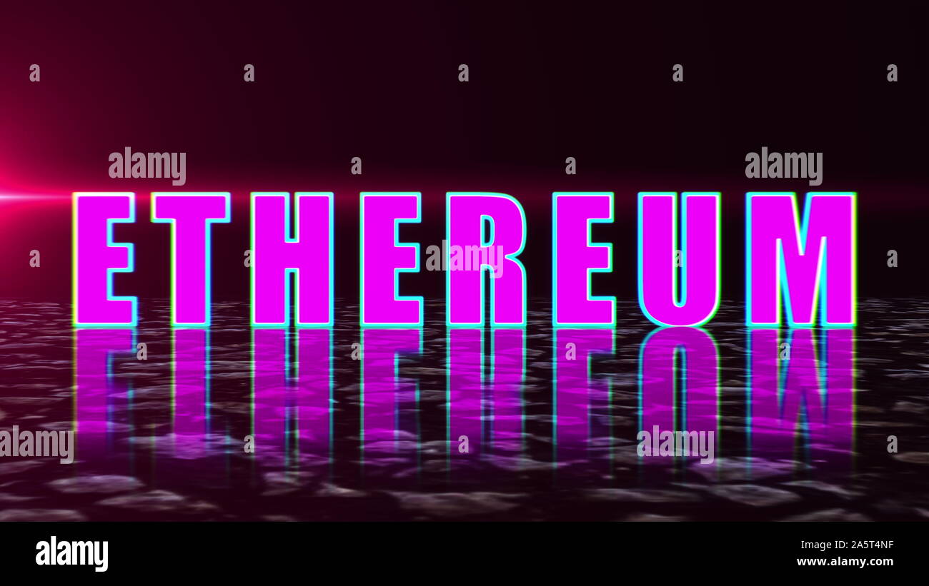 Blockchain concept, stylish ethereum text on surface with reflection ...