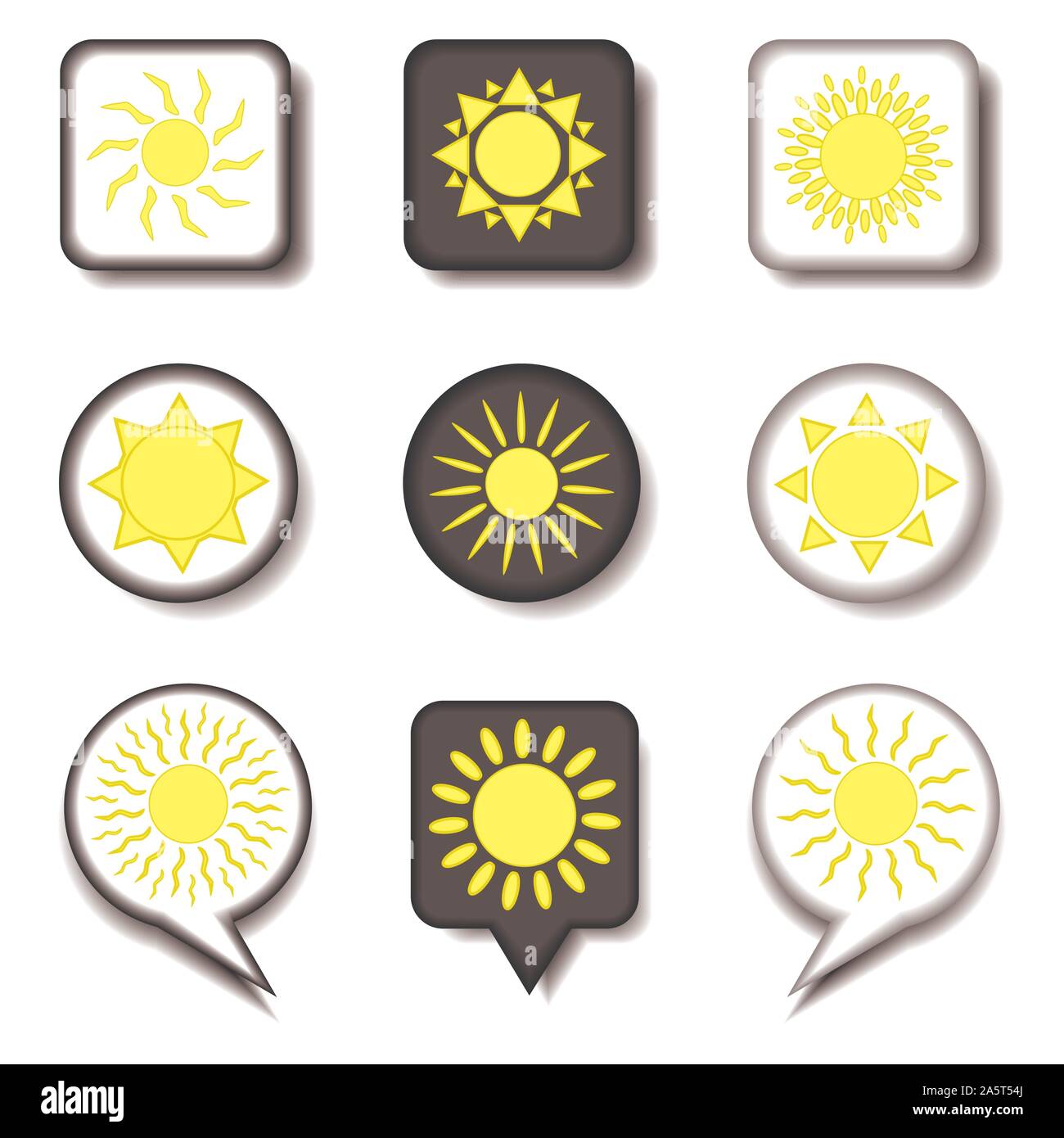 Vector icon illustration logo for set symbols hot yellow sunny sun with rays. Sun pattern consisting of flat design with elements mobile web apps. Col Stock Vector