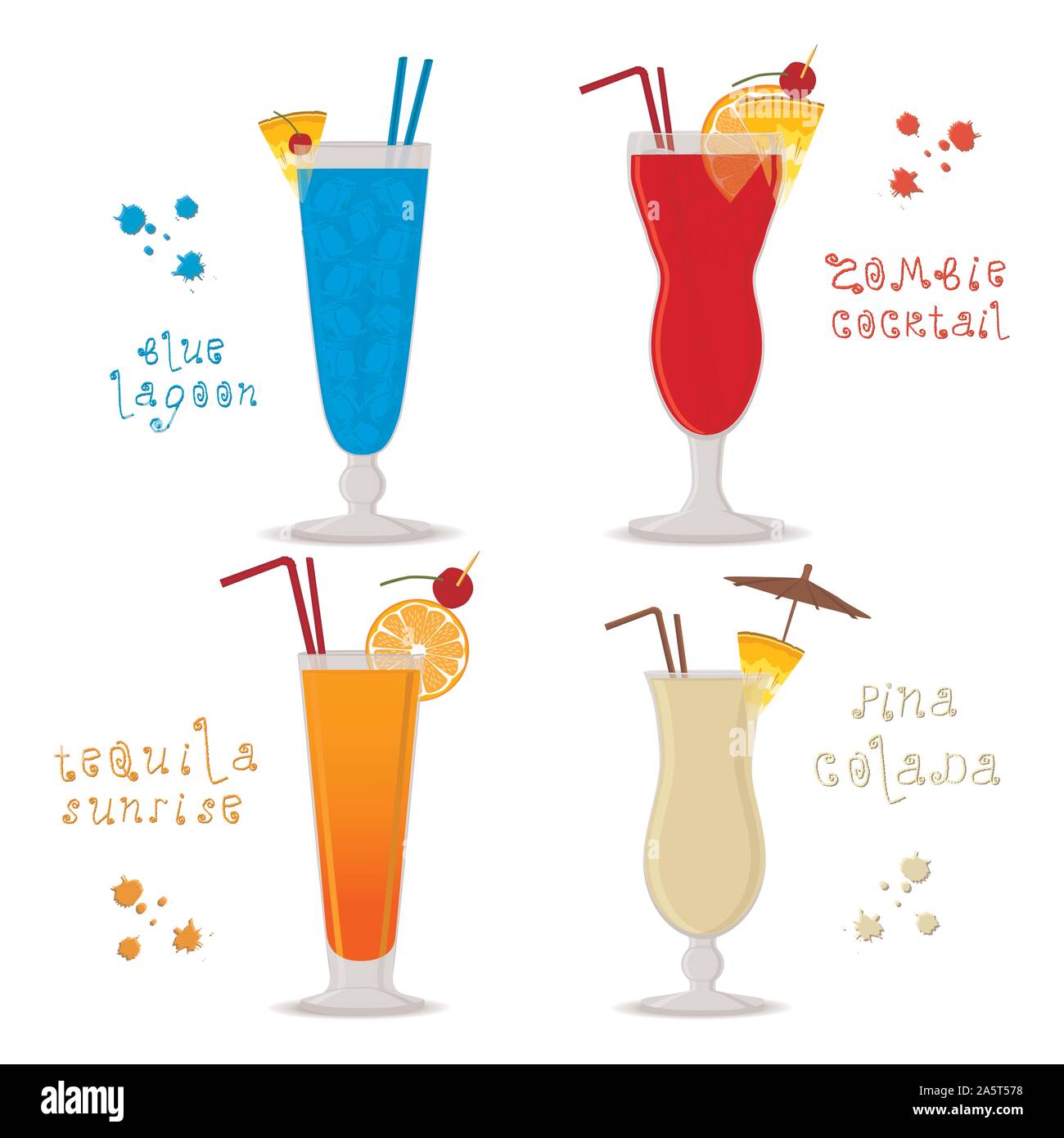 Vector illustration for set alcohol cocktails blue lagoon, zombie, pina ...