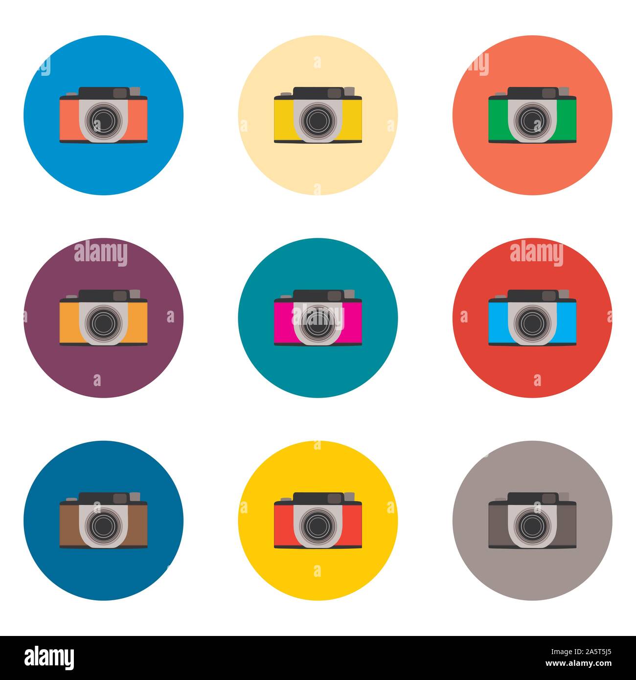 Vector icon illustration logo for set symbols camera with lenses for photo. Camera pattern consisting of flat design with elements mobile web apps. Co Stock Vector