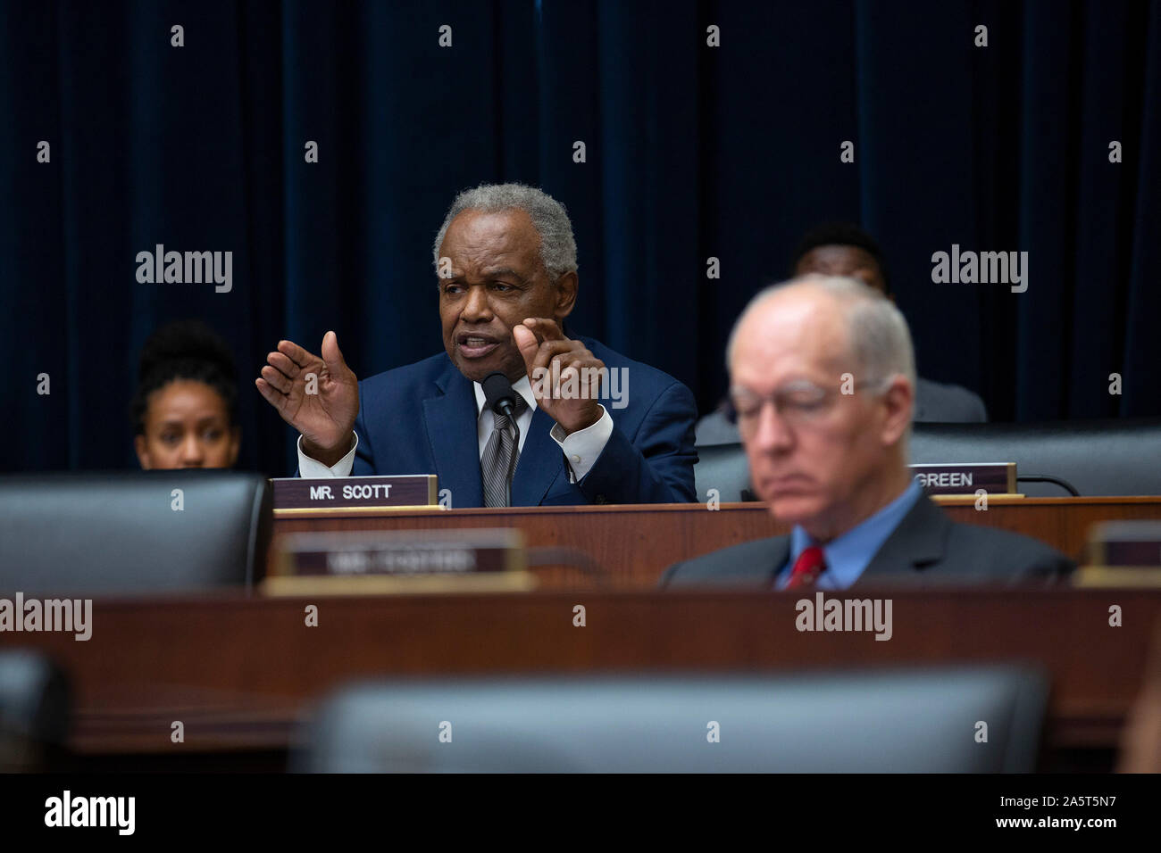 United States Representative David Scott (Democrat of Georgia) questions United States Secretary of the Treasury Steven T. Mnunchin, United States Secretary of Housing and Urban Development (HUD) Ben Carson, and Director of the Federal Housing Finance Agency Mark Calabria during a U.S. House Committee on Financial Services hearing on Capitol Hill in Washington, DC, U.S. on October 22, 2019. Credit: Stefani Reynolds/CNP | usage worldwide Stock Photo