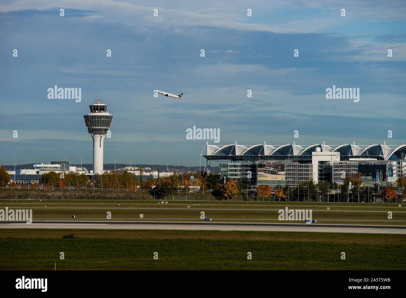 Launching plane at munich airport Stock Photo