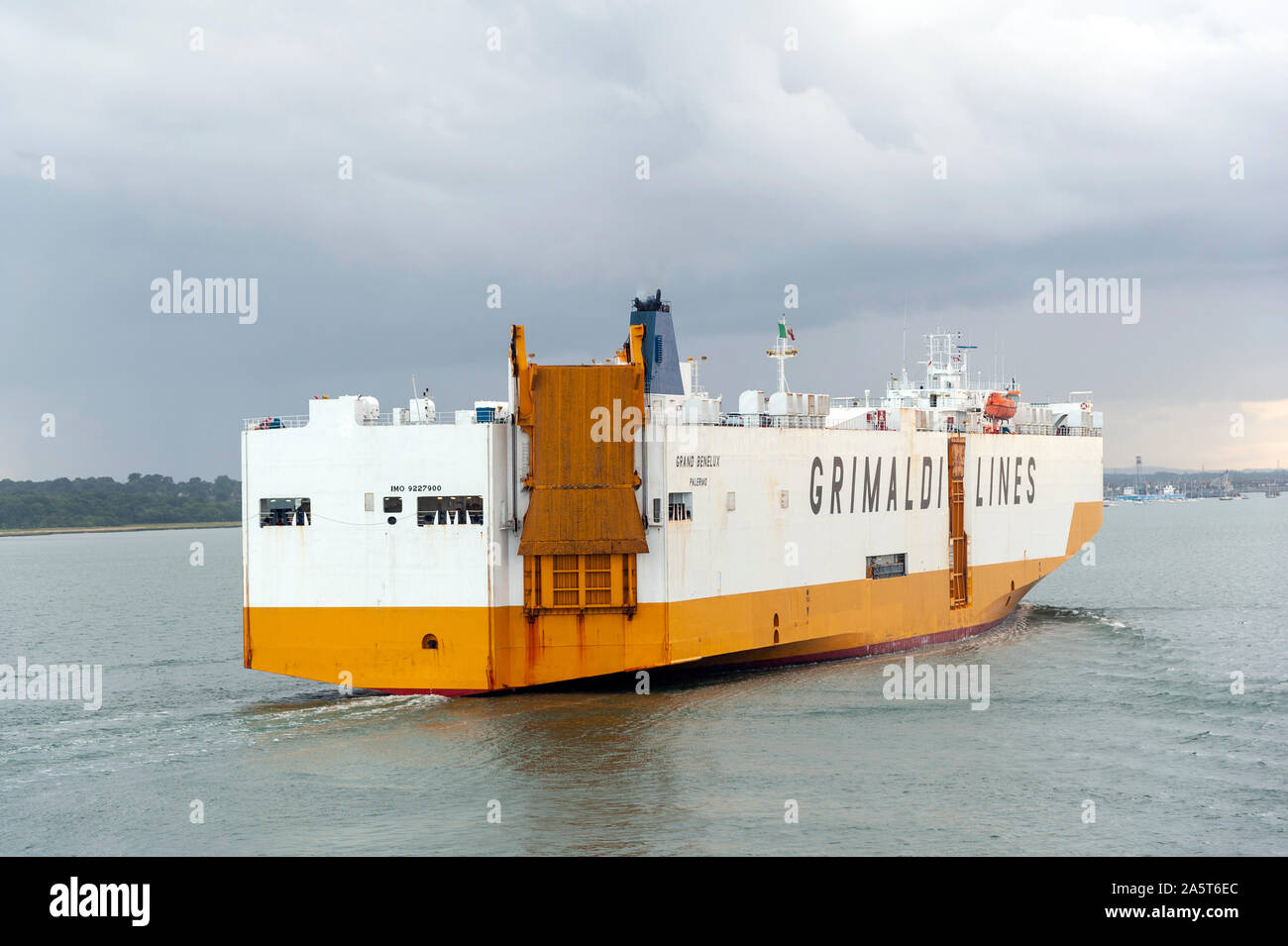 Grimaldi lines car carrier Grand Benelux entering Southampton Water Stock Photo