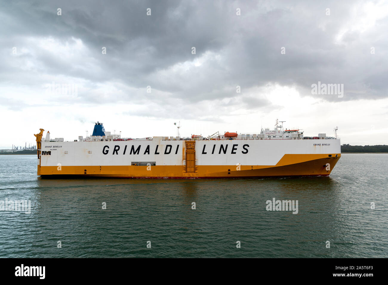 Grimaldi lines car carrier Grand Benelux entering Southampton Water Stock Photo
