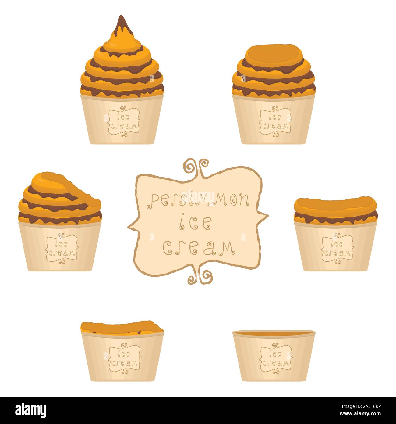 Vector illustration for natural persimmon ice cream on paper cup. Ice Cream pattern consisting of sweet cold icecream, set tasty frozen dessert. Fresh Stock Vector