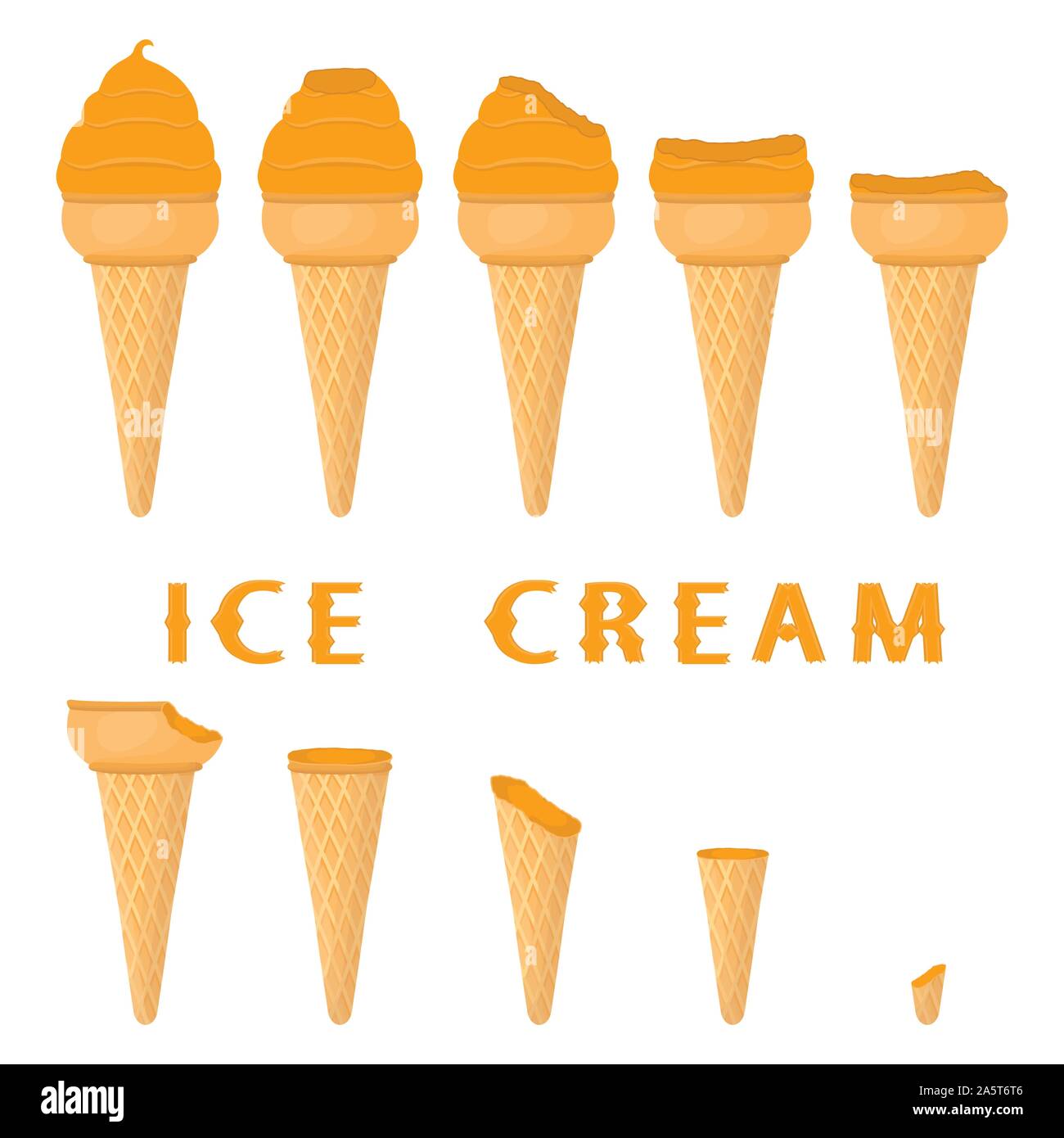 Vector illustration for natural orange ice cream on waffle cone. Ice Cream pattern consisting of sweet cold icecream, tasty frozen dessert. Fresh frui Stock Vector