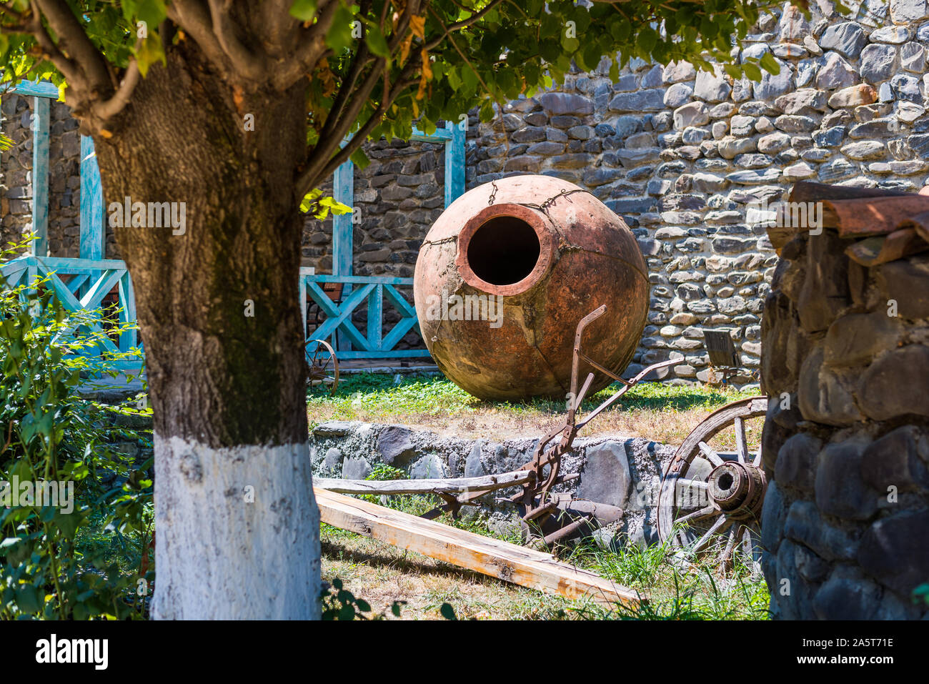 Barrel outside cellar wine company in Kakheti Stock Photo