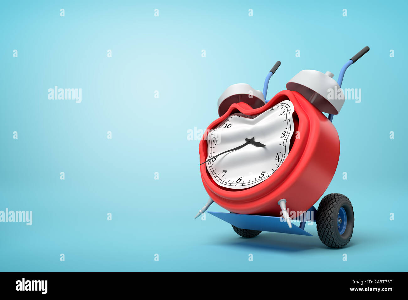 3d rendering of smashed broken alarm clock on a hand truck on blue