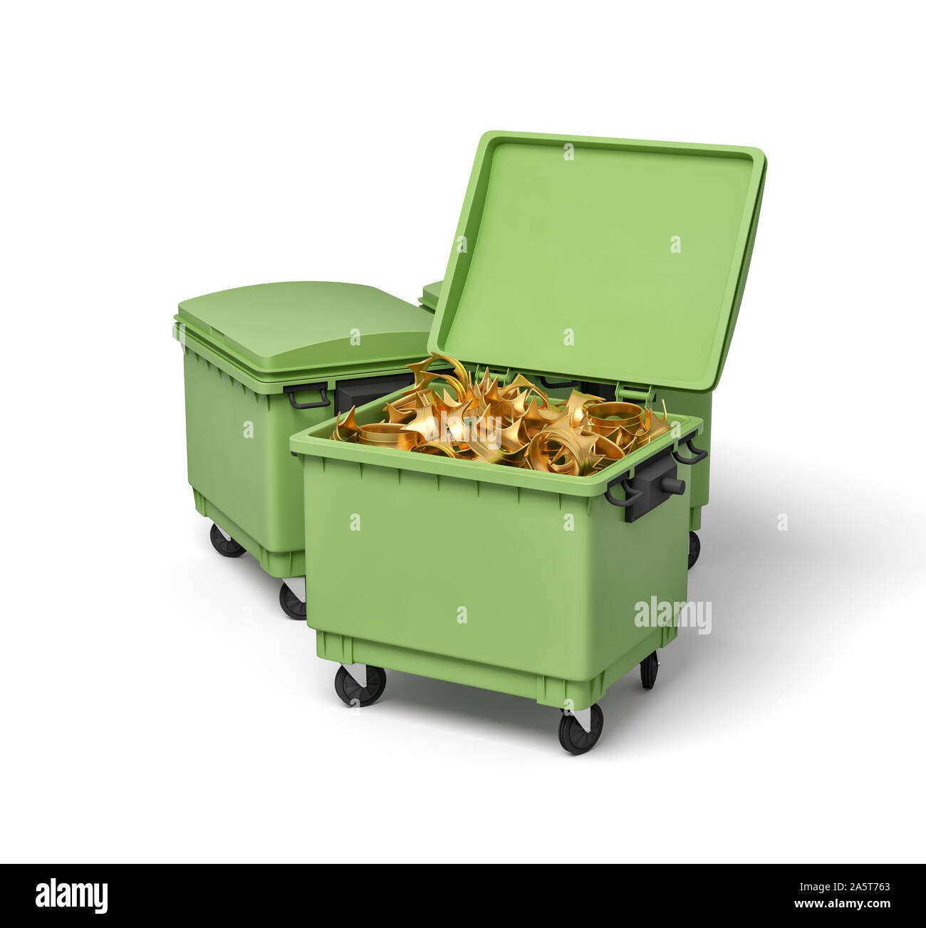 3d rendering of green trash bins with golden crowns inside Stock Photo