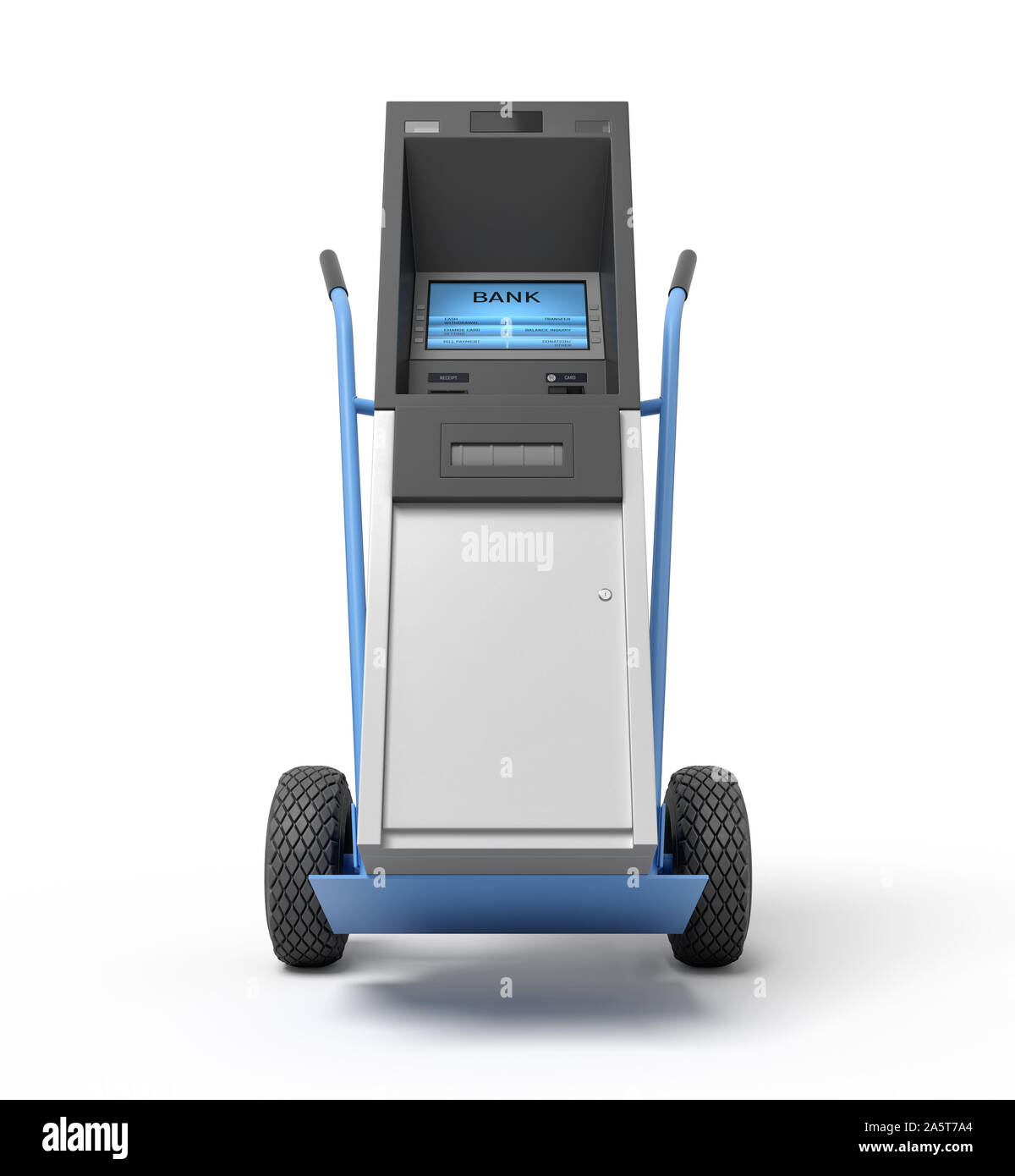 3d rendering of blue hand truck with grey and white ATM on top. Stock Photo