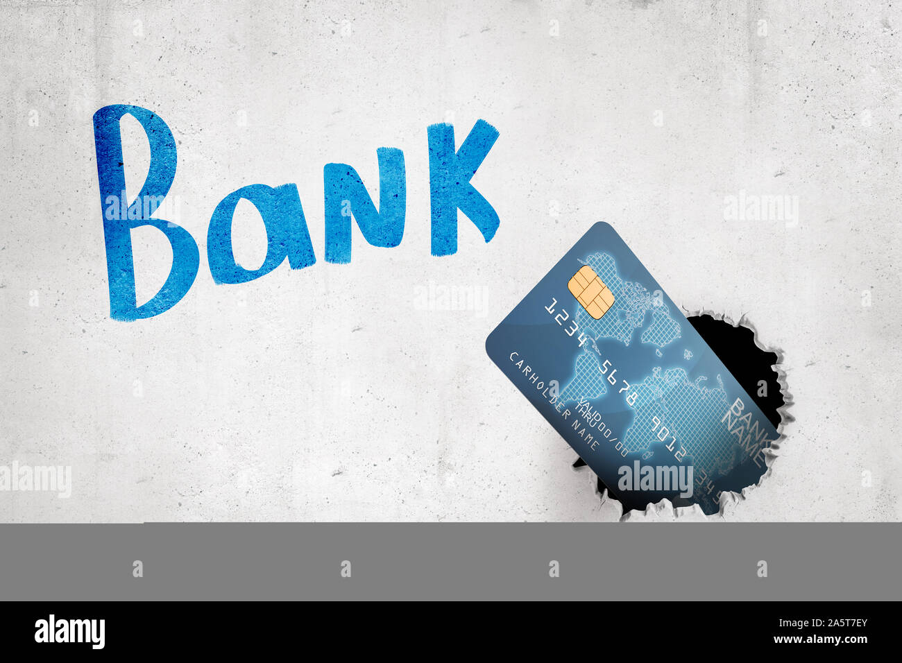 3d rendering of blue bank card breaking white wall with 'Bank' sign on the background Stock Photo