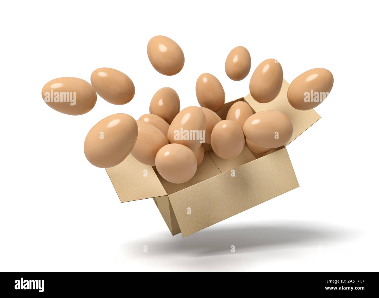3d rendering of cardboard box in air full of chicken eggs flying out from it. Stock Photo