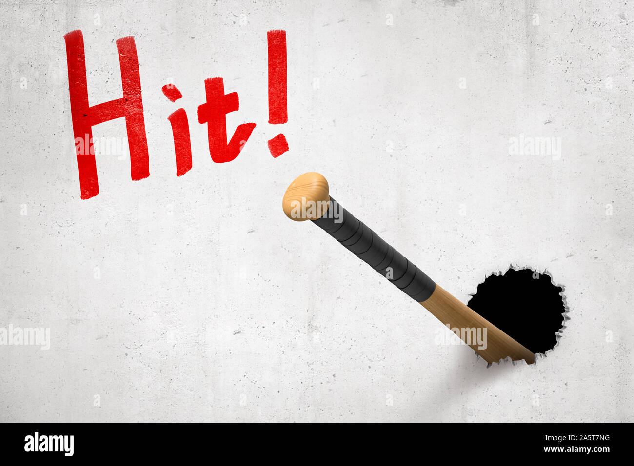 3d rendering of concrete wall with title 'Hit' and baseball bat that has broken hole in the wall and is sticking out of it. Stock Photo