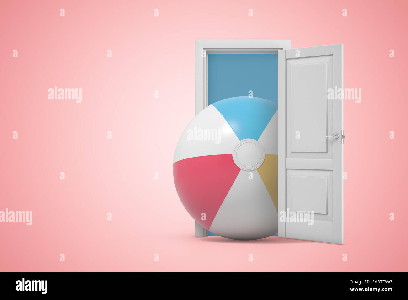 3d rendering of huge inflatable ball emerging from white door on pink gradient copy space background. Stock Photo