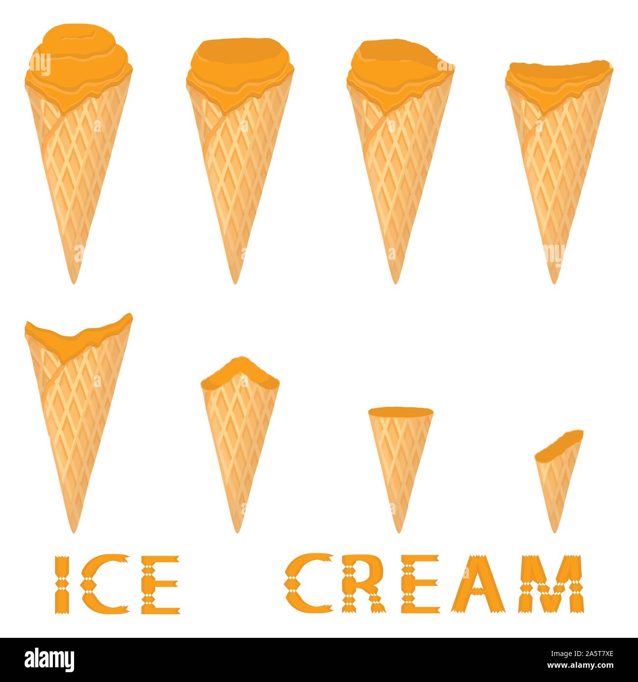 Vector illustration for natural orange ice cream on waffle cone. Ice Cream pattern consisting of sweet cold icecream, tasty frozen dessert. Fresh frui Stock Vector