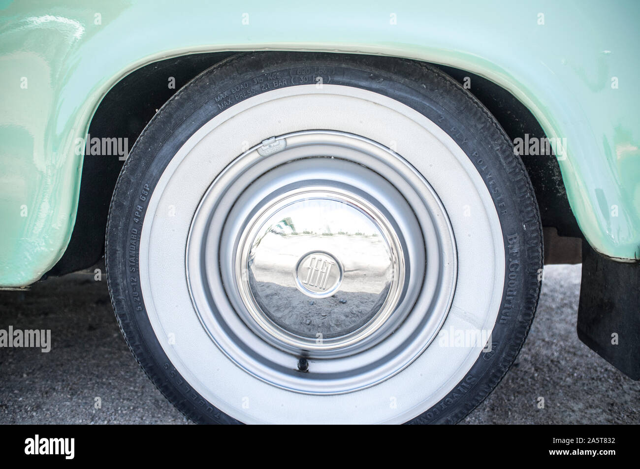 Seat 600 restored with whitewall tire. Closeup Stock Photo