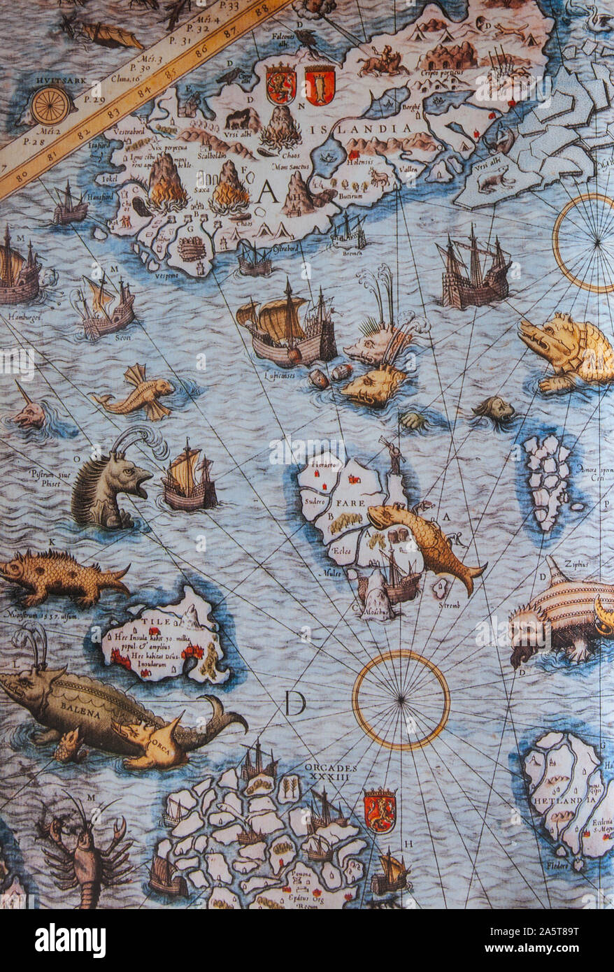 1539 Fragment of map by Olaus Magnus, depicting the mythical island of Thule. Original at Uppsala Library, Sweden, is the first large map of Northern Stock Photo