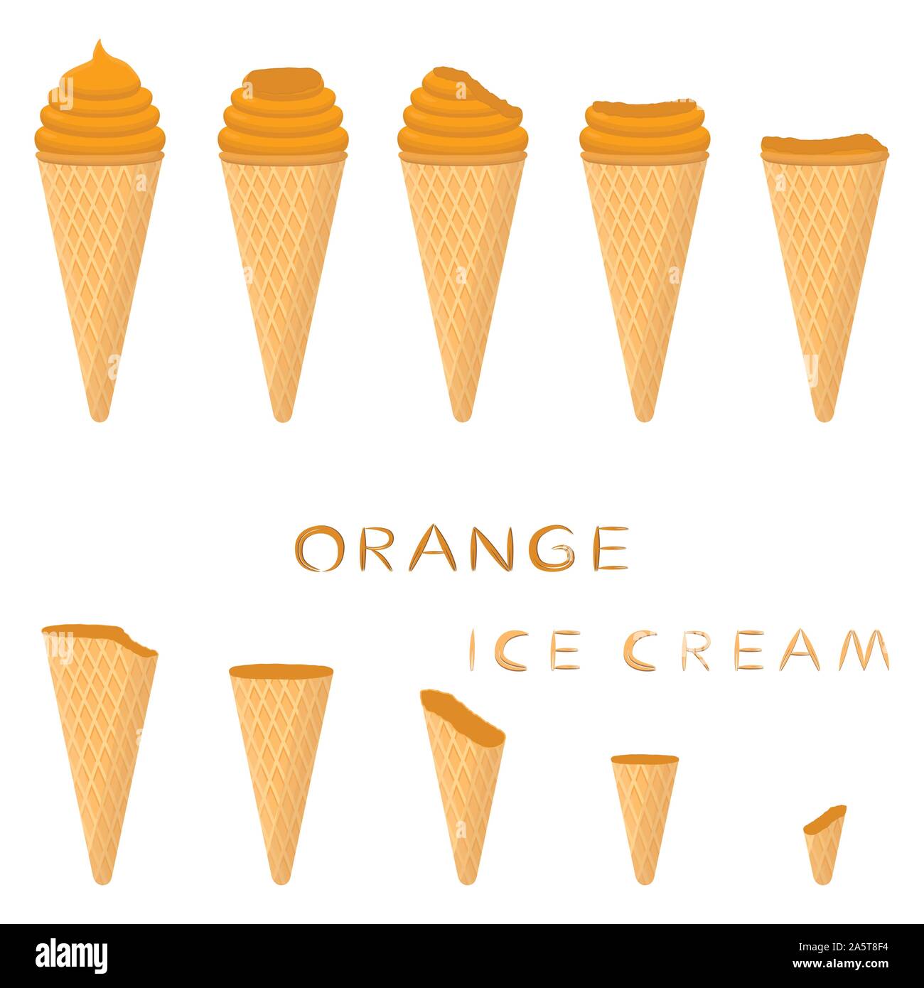 Vector illustration for natural orange ice cream on waffle cone. Ice Cream pattern consisting of sweet cold icecream, tasty frozen dessert. Fresh frui Stock Vector