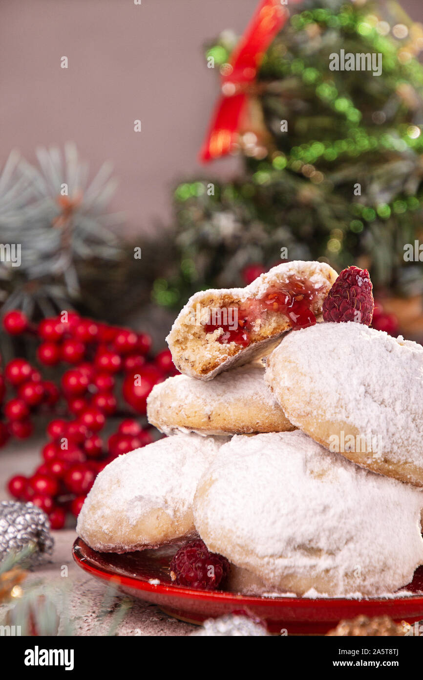 Traditional Christmas Cookies Biscuits Snowballs Covered Icing Sugar Powder With Almond Nut Stuffed With Raspberry Jam Russian Tea Cakes Mexican Wed Stock Photo Alamy